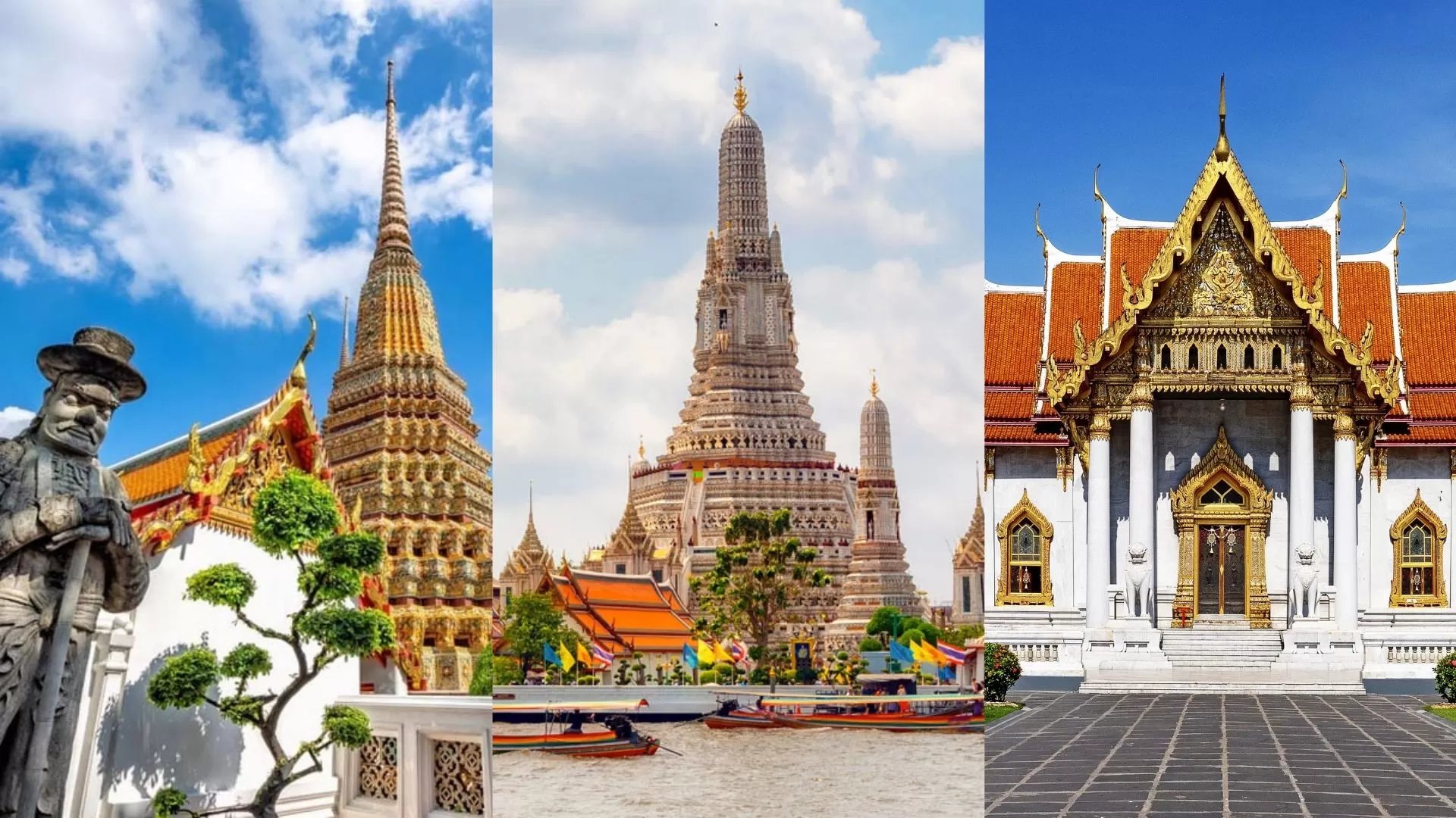 Temples bouddhistes à Bangkok avec toits dorés et architecture thaïlandaise.