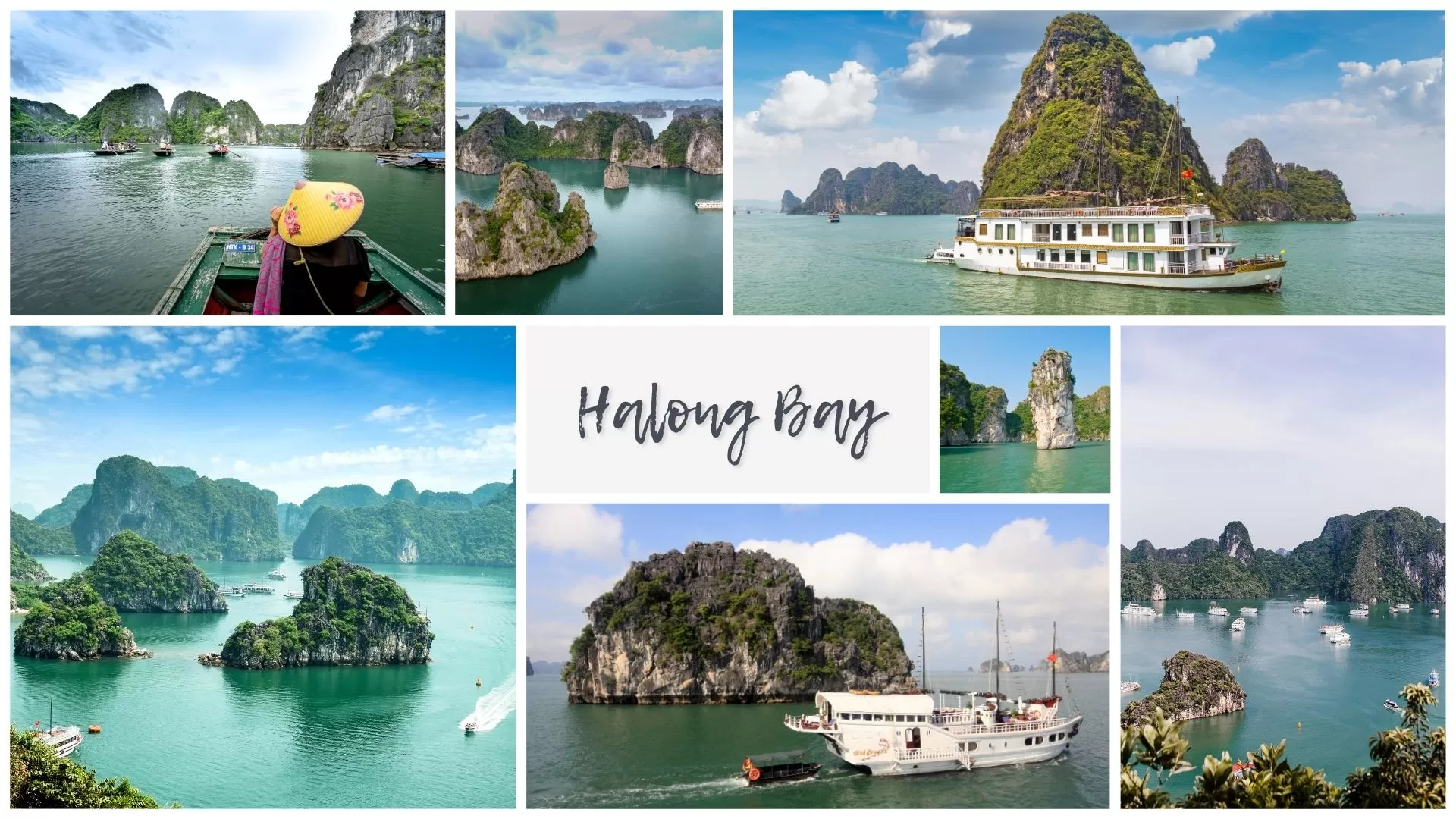 Halong Bay with emerald waters and limestone karsts.